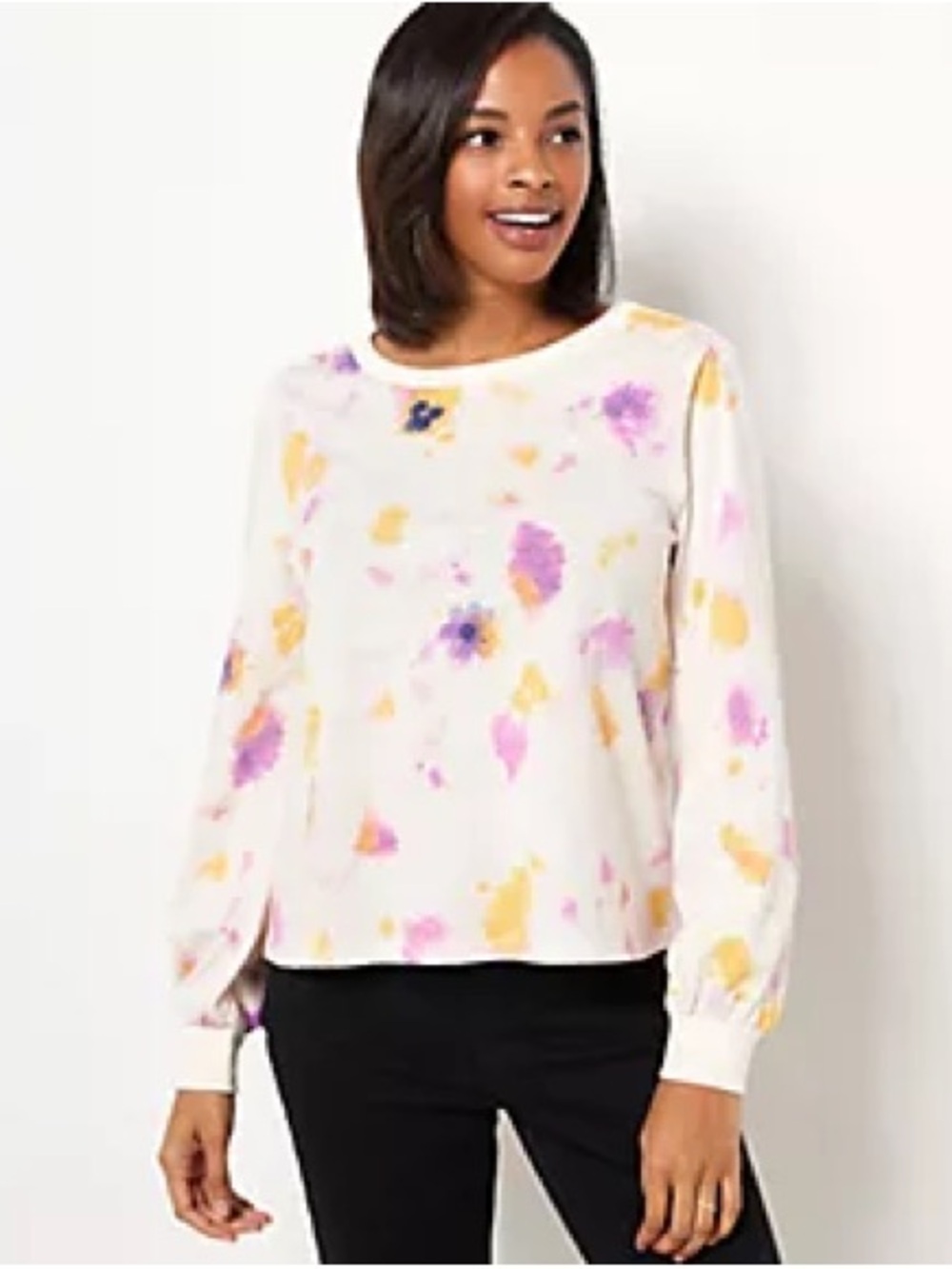 Candace Cameron Bure White Long-Sleeve Top with Purple and Yellow Floral Print